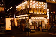 Street market in Japan alive with colorful lanterns and local vendors.