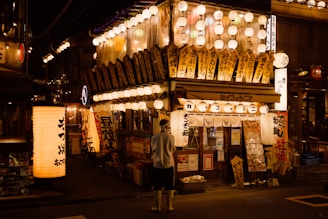 A vibrant photo of a bustling Japanese street market with colorful lanterns and smiling travelers.