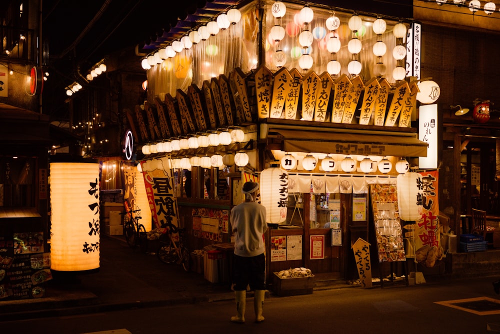 a man standing in front of a store at night