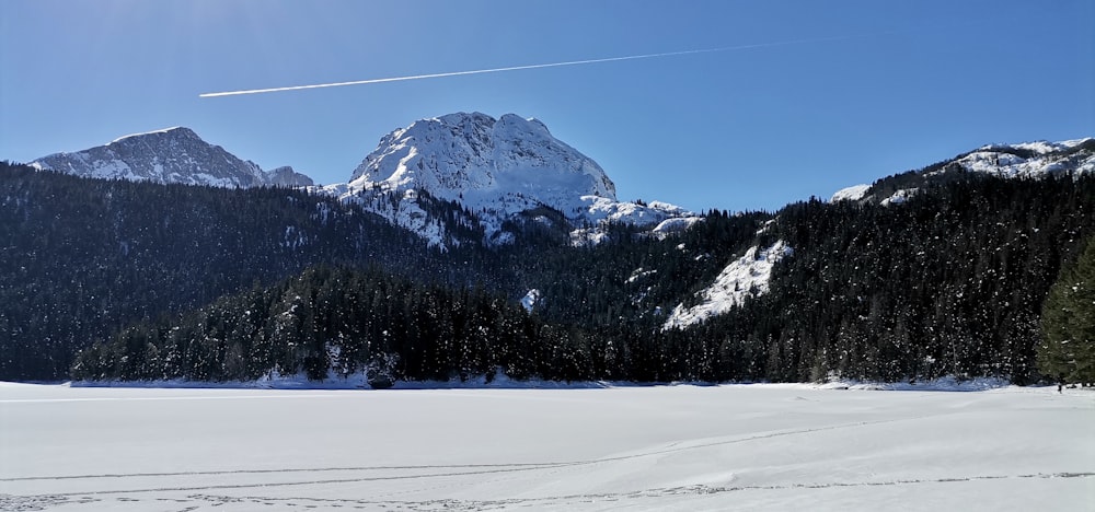 a snow covered field with a mountain in the background