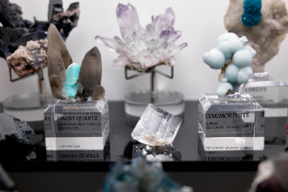 a group of crystals sitting on top of a table
