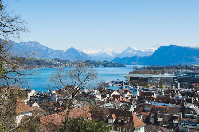 A panoramic view of Nainital town nestled among the mountains.