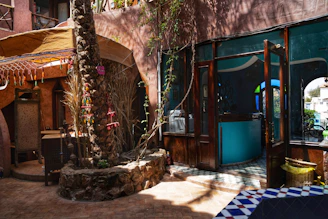 Elegant Moroccan riad courtyard with zellige tiles and palm trees under warm sunlight