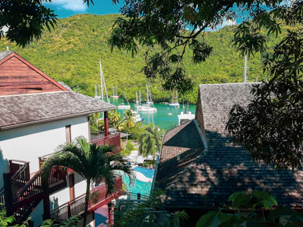 a view of a harbor with boats in the water