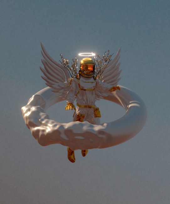 An astronaut figure with angelic wings and a halo, surrounded by a luminous ring. The astronaut is adorned with gold accents and has delicate branches protruding from its back.