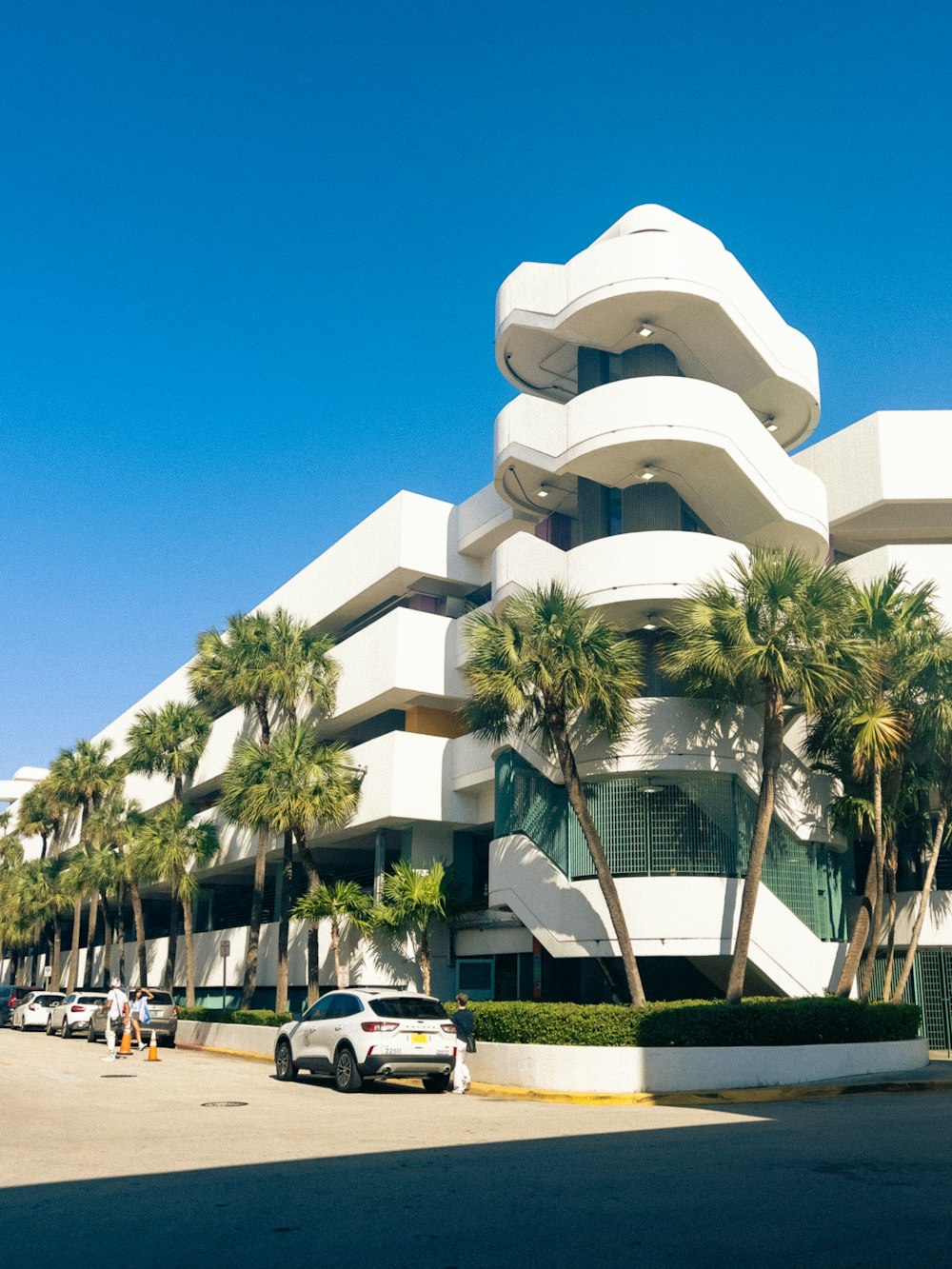 a white building with palm trees in front of it