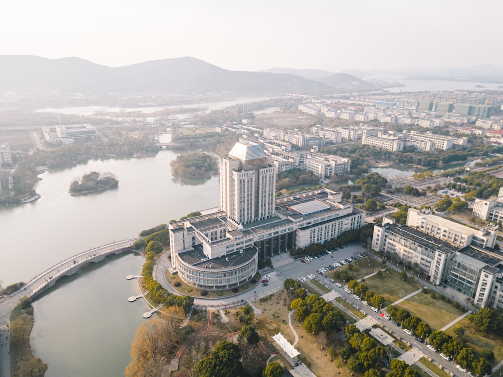 an aerial view of a city with a river running through it