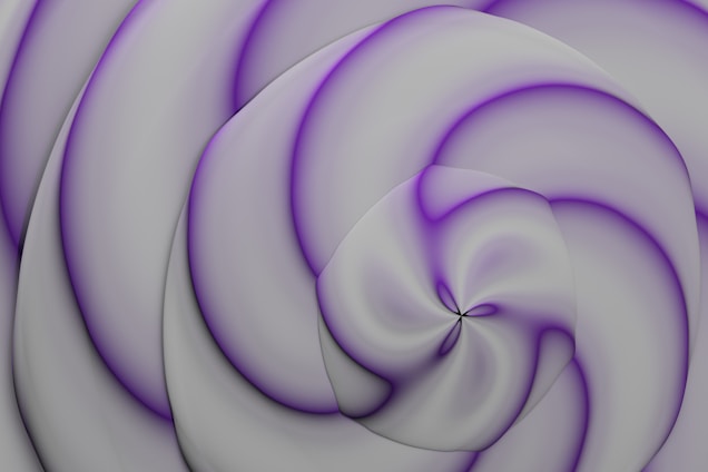 A digital abstract pattern featuring swirling, layered shapes with a smooth texture. The design combines shades of gray with subtle accents of purple, creating a gentle, flowing spiral effect.