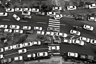 An aerial view captures heavy traffic congestion on a city street. Numerous cars are lined up in multiple lanes with some vehicles attempting to maneuver around others. A zebra crossing is visible, while pedestrians and a few cyclists try to navigate through the packed scene. Trees and sidewalk areas frame the street.