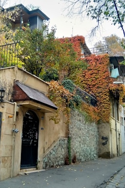 A residential building with an ivy-covered facade, featuring a stone and plaster exterior. The building is surrounded by trees with green, yellow, and orange leaves, indicating an autumn setting. There is a black wrought iron gate at the entrance and a small balcony.