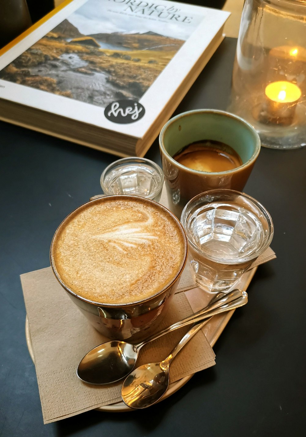 a cup of coffee and a spoon on a table