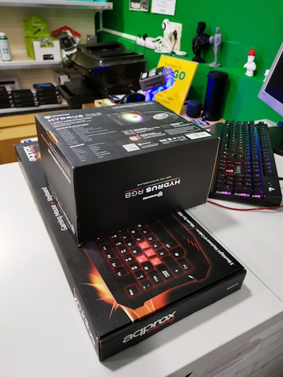 A vibrant display of gaming keyboards and mice neatly arranged on a store shelf.