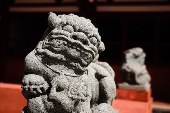 একটি ঐতিহ্যবাহী চীনা অভিভাবক সিংহের একটি বিস্তারিত পাথরের মূর্তি একটি বহিরঙ্গন পরিবেশে স্পষ্টভাবে প্রদর্শিত হয়েছে। জটিল খোদাই করা এই মূর্তিটিতে একটি হিংস্র, স্টাইলাইজড মুখ এবং পেশীবহুল আকৃতি রয়েছে, যা এই প্রতীকী প্রাণীর সারাংশকে ধারণ করে। পটভূমিতে, অনুরূপ আরেকটি মূর্তি আংশিকভাবে দৃশ্যমান, যা একটি প্রতিসম অবস্থানের ইঙ্গিত দেয়।