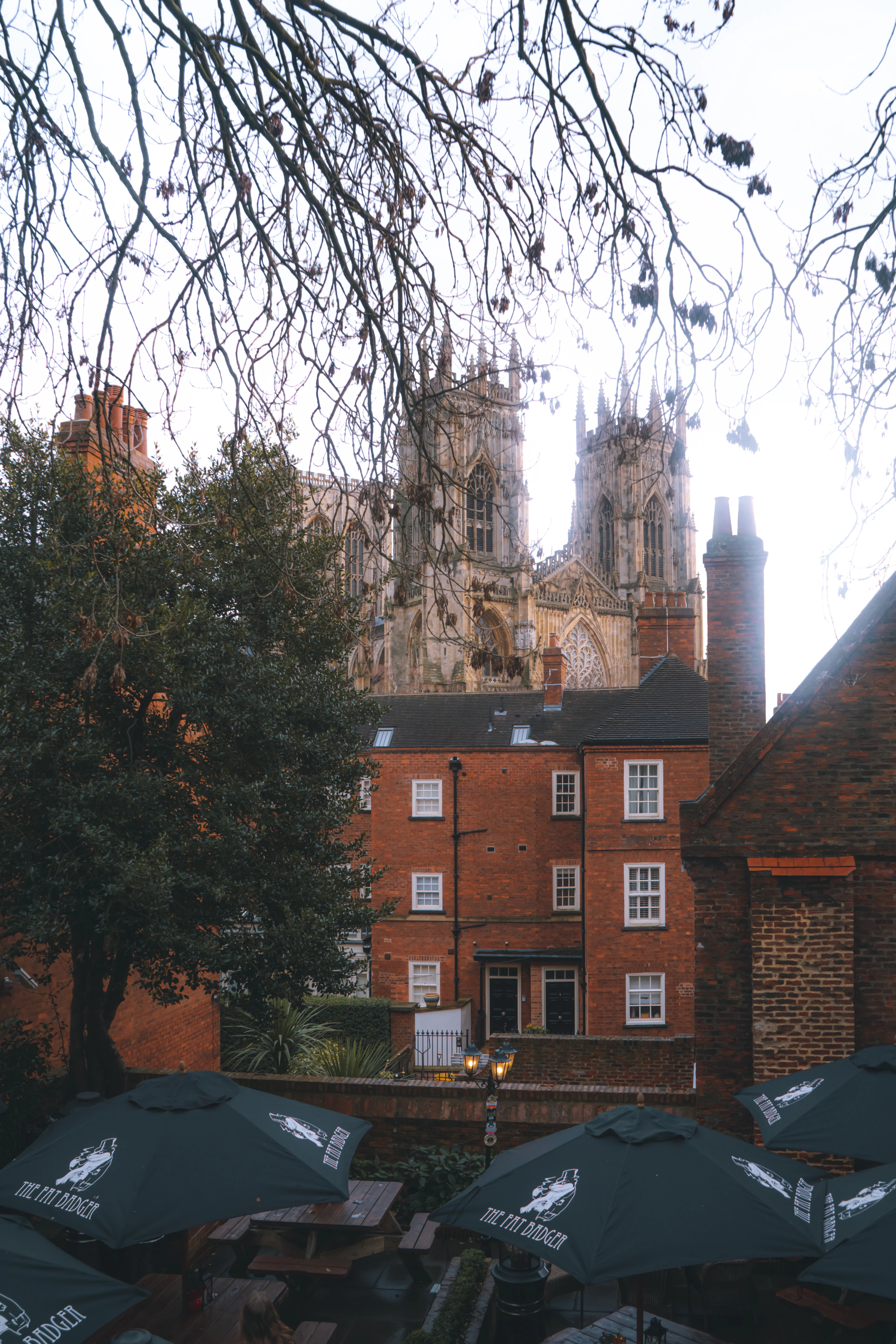 Green pub-garden umbrellas and picnic benches on a terrace in York, with brick houses and the west towers of York Minster rising into a pale winter sky behind.