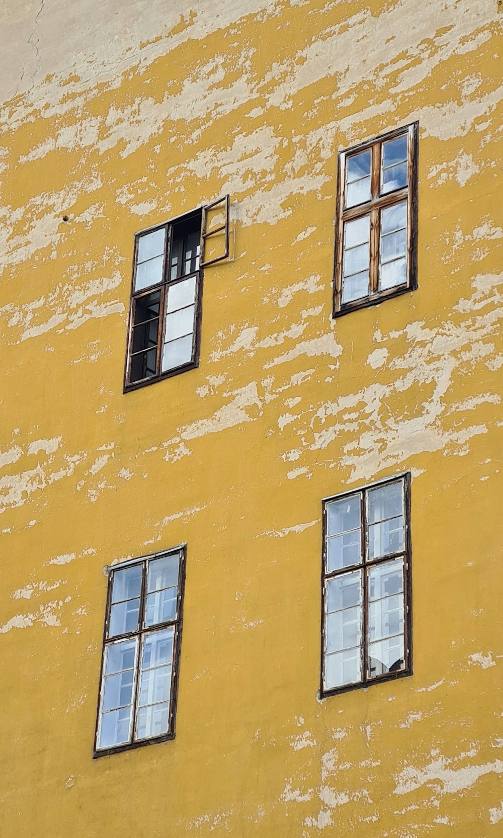 4つの窓と時計のある黄色い建物