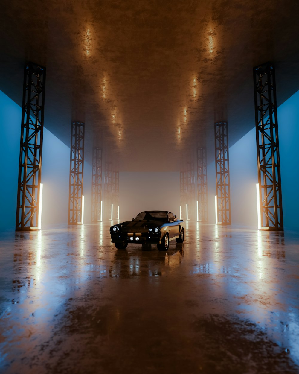 a black car is parked in a tunnel