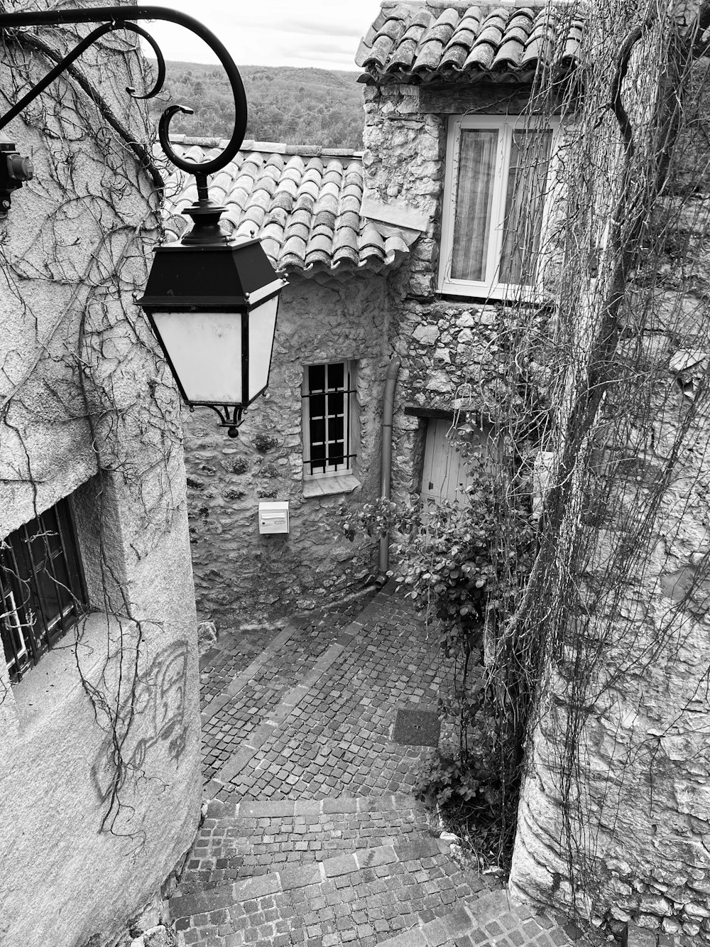 a black and white photo of a cobblestone street