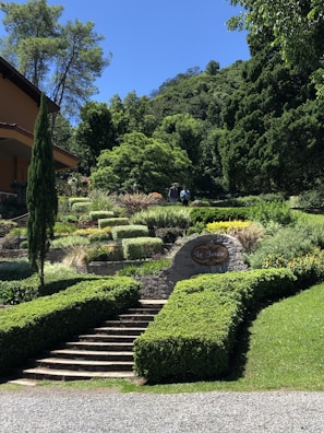 A well-maintained garden with multiple levels of neatly trimmed hedges and a variety of plants. A stone staircase leads up to a higher level where a stone sign reads 'Le Jardin'. In the background, there are people walking and a house partially visible on the left. The surrounding area is lush with greenery and trees.