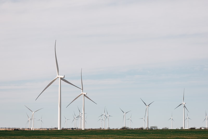 Rząd turbin wiatrowych na otwartej przestrzeni