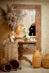 a table topped with lots of vases next to a mirror