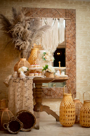 a table topped with lots of vases next to a mirror