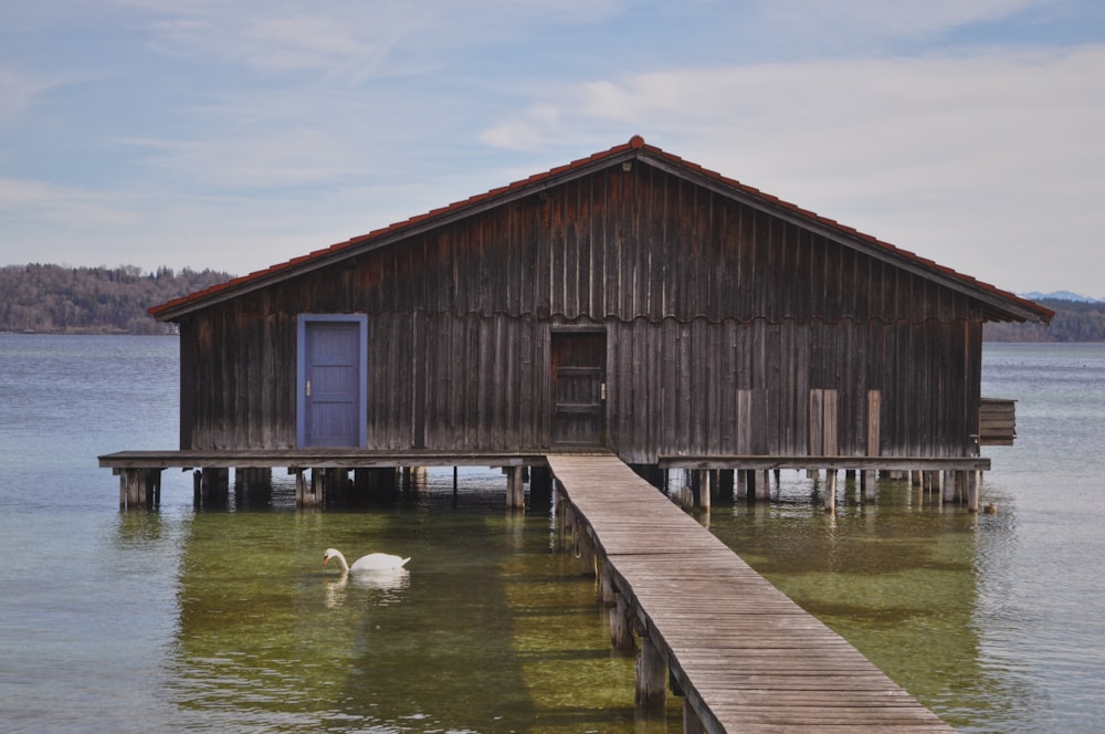 a house on the water with a dock in front of it