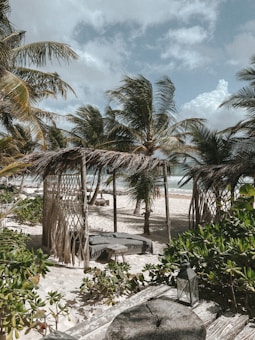 A tropical beach scene with palm trees swaying in the breeze. There are rustic wooden structures with straw roofs providing shade for lounge chairs on the sandy beach. Lush green bushes and a lantern on a wooden table add to the natural decor. The ocean is visible in the background under a partly cloudy sky.