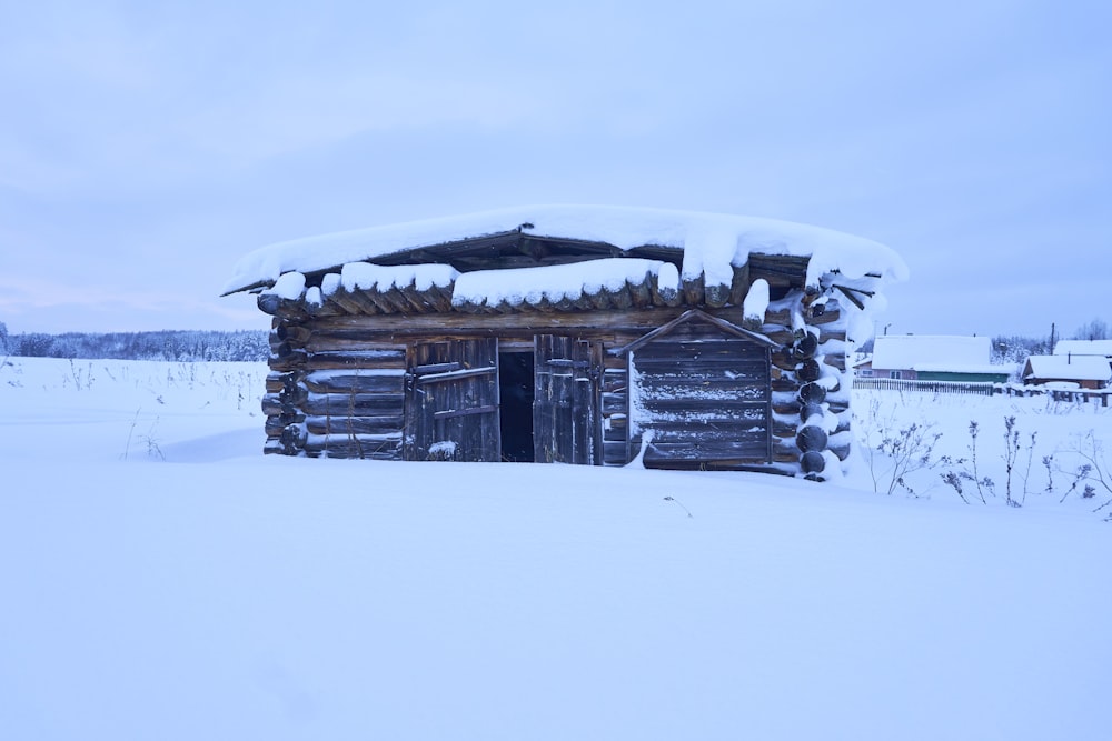 a log cabin with snow on the roof