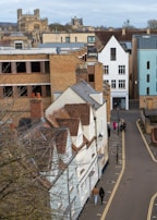 A peaceful street scene showing historic buildings and residents walking their dogs.