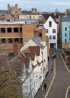 A peaceful street scene showing historic buildings and residents walking their dogs.