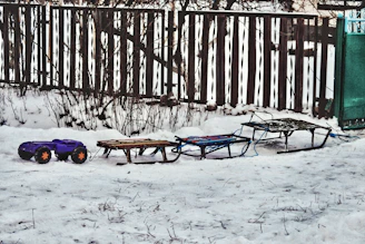 Brightly colored sleds lined up on a gentle snowy hill ready for fun.
