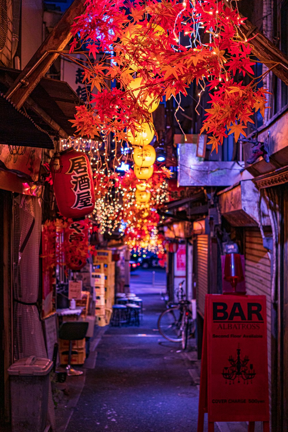 uma rua com um monte de luzes penduradas no teto