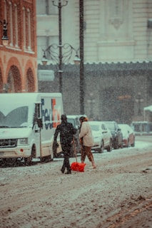 Two people are seen on a snowy street, one holding a red snow shovel. Several cars are parked along the street, and a delivery van is visible in the foreground. The backdrop features buildings with arches and ornate lamp posts. Snow is actively falling, creating a wintry scene.