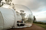 Interior of a glamping dome with cozy bedding and natural wood accents, sunlight streaming in.