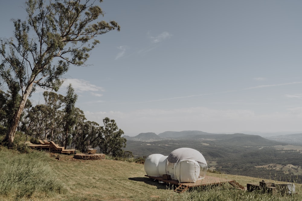 a yurt sitting on top of a lush green hillside