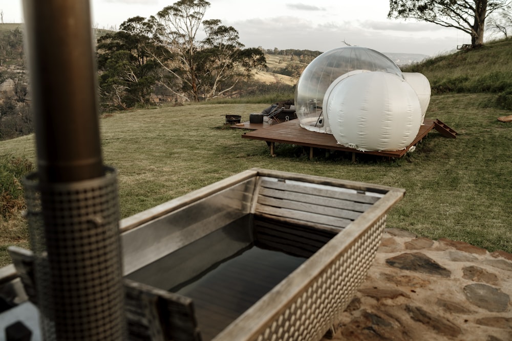 a large glass dome sitting on top of a lush green hillside