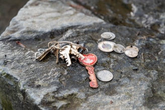 A collection of various keys on a ring and a few coins lying on a rough, textured stone surface. One of the keys has a distinctive red design with a maple leaf and the word 'Canada' on it, along with heart-shaped cutouts.