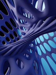 Intricate abstract structure composed of intertwined organic shapes with a smooth surface, resembling a network or mesh-like formation in varying shades of purple and blue.