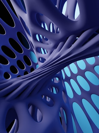 Intricate abstract structure composed of intertwined organic shapes with a smooth surface, resembling a network or mesh-like formation in varying shades of purple and blue.