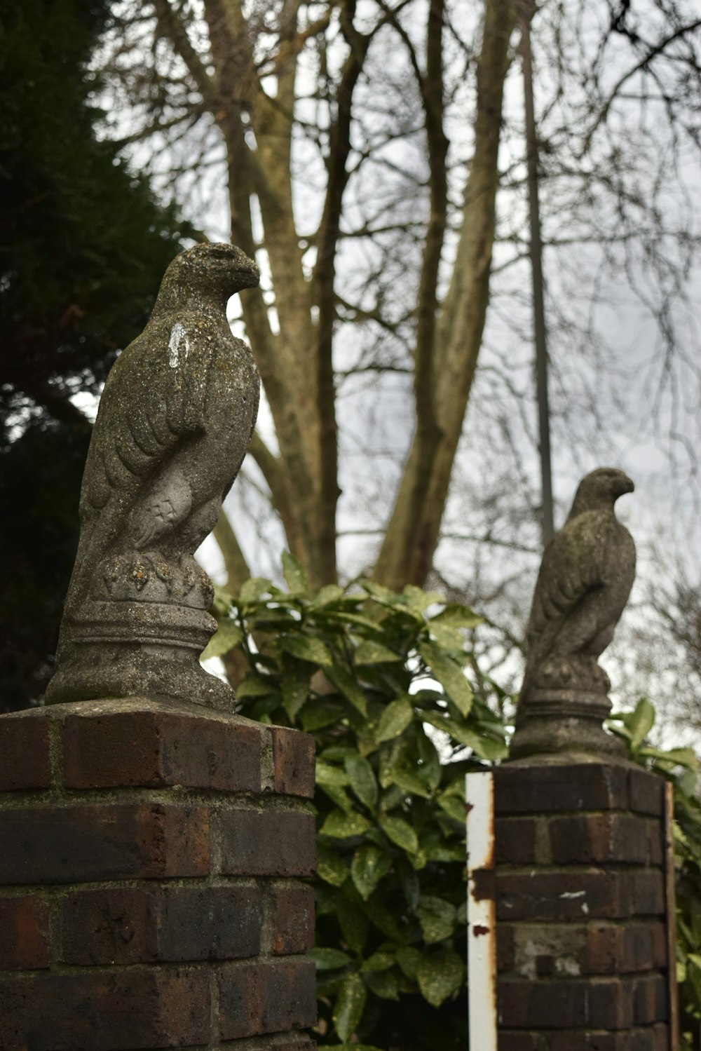 two statues of birds sitting on top of a brick wall