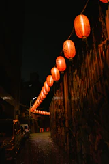A mysterious nighttime scene with glowing lanterns and shadowy figures in a Seoul alley.