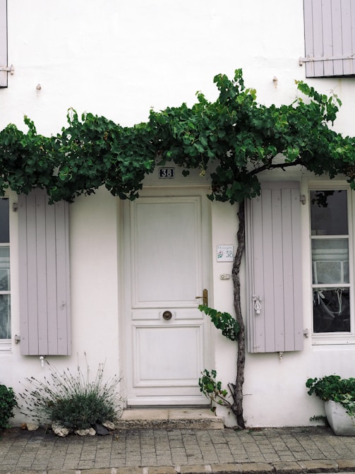 a white building with a white door and window
