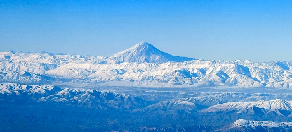 a view of a snowy mountain range from an airplane
