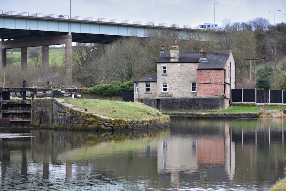 a bridge over a body of water next to a building