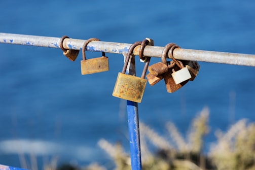Several rusty padlocks attached to a metal railing with a backdrop of a blurred blue ocean and grassy foreground.