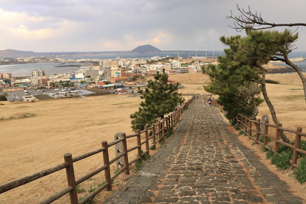 a cobble stone path leading to a town