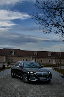 A luxury car with a sleek design is parked on a cobblestone road in front of a large house. The sky is partly cloudy with a bare tree on the right side, adding a serene yet sophisticated atmosphere.