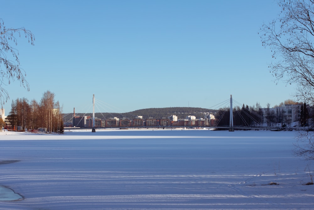 a large body of water covered in snow