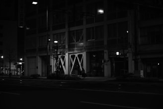 A dimly lit urban scene where shadows reveal intricate architectural details.