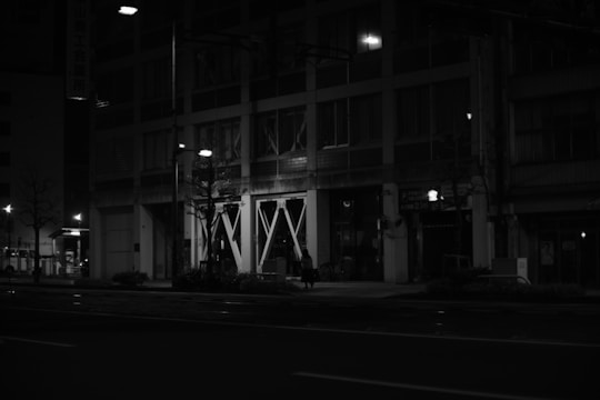 A dimly lit urban scene where shadows reveal intricate architectural details.